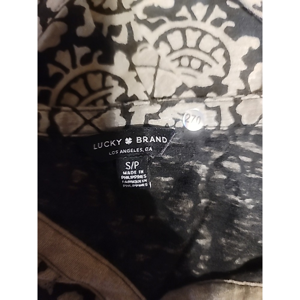 Lucky Brand Women Woodblock Floral Print Tunic Blouse Black Tan Small 3/4 Sleeve - Picture 4 of 4